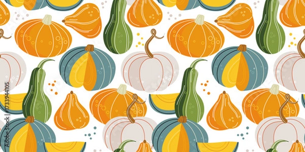 Obraz seamless pattern of different types of pumpkins on a white background. autumn vegetables drawn in a flat style with linear elements. stock vector illustration. EPS 10.