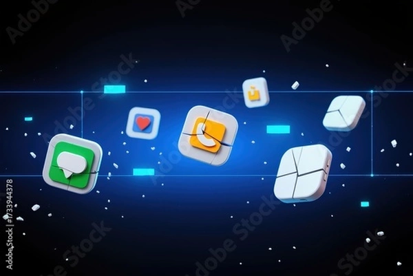 Fototapeta Colorful app icons float against an elegant dark backdrop, showcasing modern digital designs essence