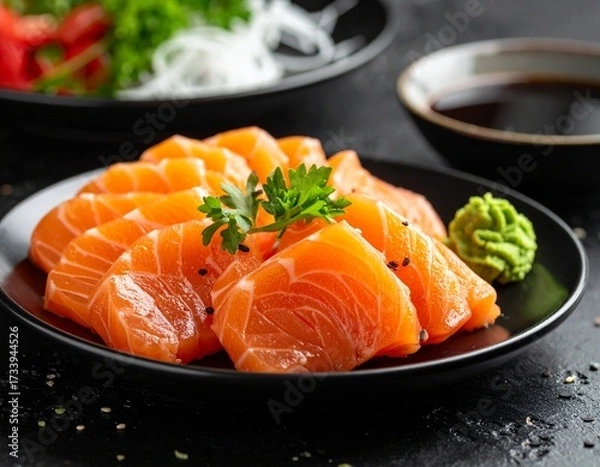 Fototapeta Raw fish slice serve with wasabi on the table
