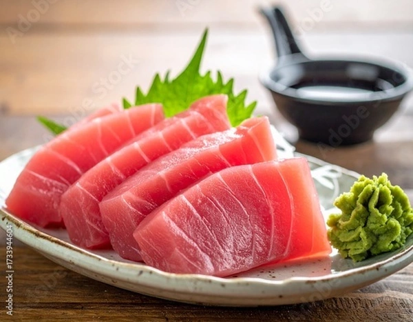 Fototapeta Raw fish slice serve with wasabi on the table