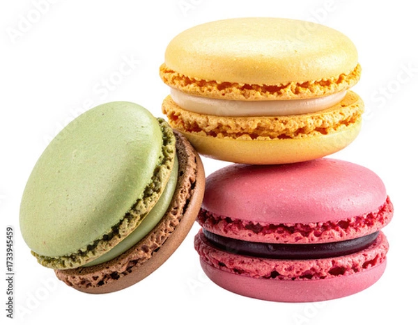 Fototapeta Three colorful, filled, almond-based meringue cookies stacked