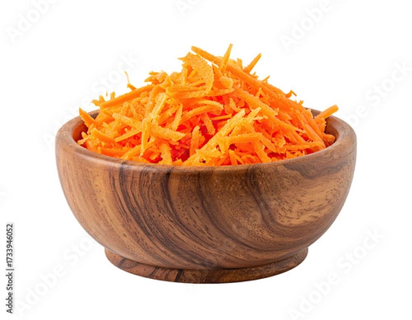 Fototapeta Finely shredded, vibrant orange carrots overflow a rustic, wooden bowl