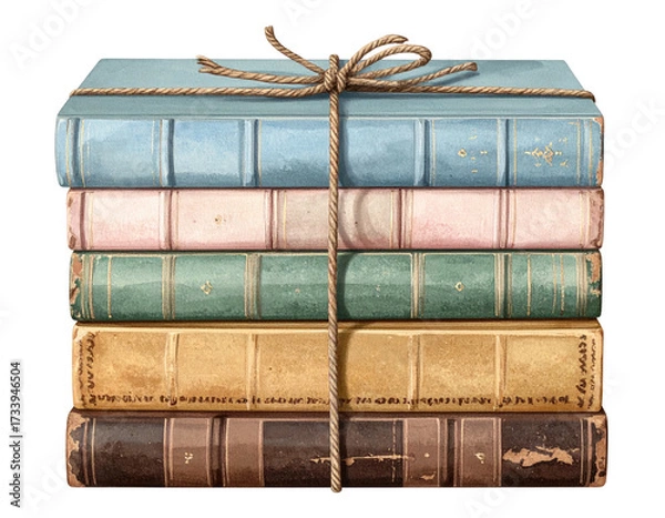 Fototapeta Stacked, bound, antique books, with a twine bow, on a transparent background