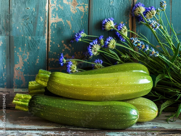 Fototapeta Still life with zucchini. Ripe zucchini on wooden table and bouquet with lavender and cornflowers. Autumn mood. Copy space for text.