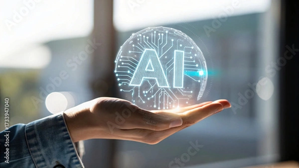 Fototapeta Businessman's hand holding a virtual AI of the network connection concept for future business technology