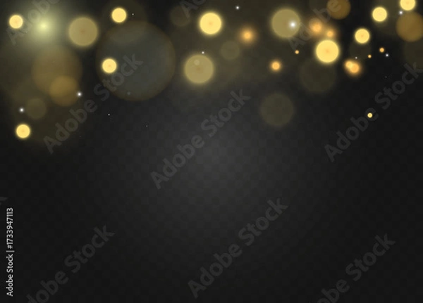 Fototapeta Gold bokeh lights glowing blur abstract background sparkle shine festive overlay.
