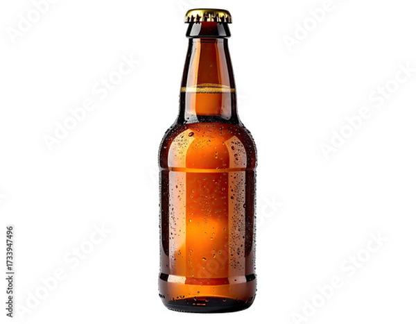 Fototapeta Brown glass bottle with a gold cap against a black background, with condensation