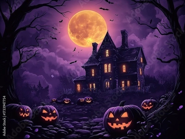 Fototapeta Halloween haunted house scene vector illustration with pumpkins, full moon, and purple hues, creating a mystical cartoon atmosphere for holiday backgrounds, digital design, and social media.