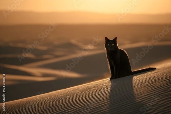 Fototapeta A black cat stands on a sand dune, its gaze focused directly towards the camera. The surrounding landscape glows in orange and brown, with soft shadows stretching across the textured dunes