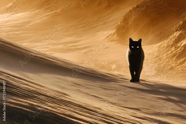 Fototapeta A black cat stands on a sand dune, its gaze focused directly towards the camera. The surrounding landscape glows in orange and brown, with soft shadows stretching across the textured dunes