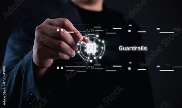 Fototapeta AI guardrails concept. Businessman holding glowing AI chip icon with digital circuit graphics, symbolizing artificial intelligence safety, control, and responsible development in technology.