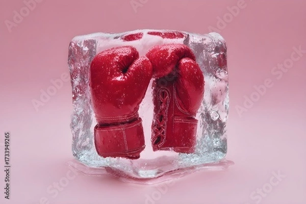 Fototapeta Image of frozen red boxing gloves encased in ice cubes, on a pink background, with cinematic lighting and pastel tones, hyperrealistic image