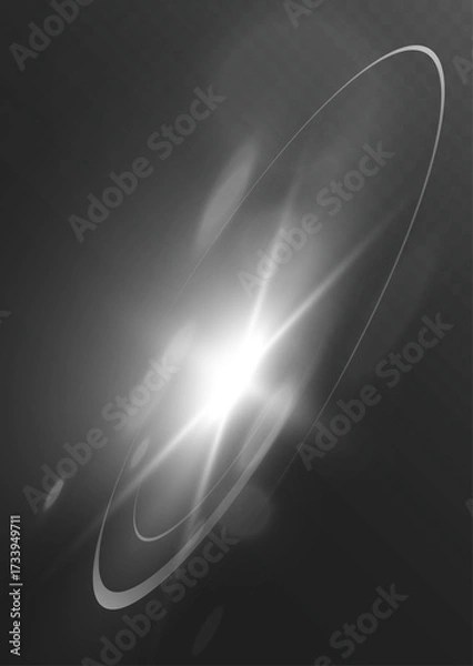 Fototapeta glowing white flare with light rays and shining halo on dark transparent background
