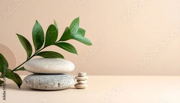 Fototapeta Minimalist Abstract Still Life with Natural Stones and Leaves on Neutral Background