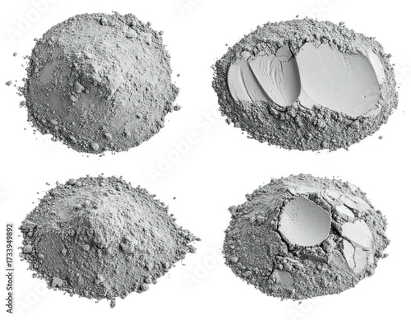 Fototapeta Four views of a gray powder substance, some with indented surfaces