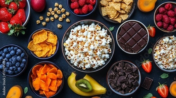 Fototapeta Popcorn, dark chocolate, veggie chips, and fresh fruit slices on a cozy table. Colorful vegan snacks for a movie night.