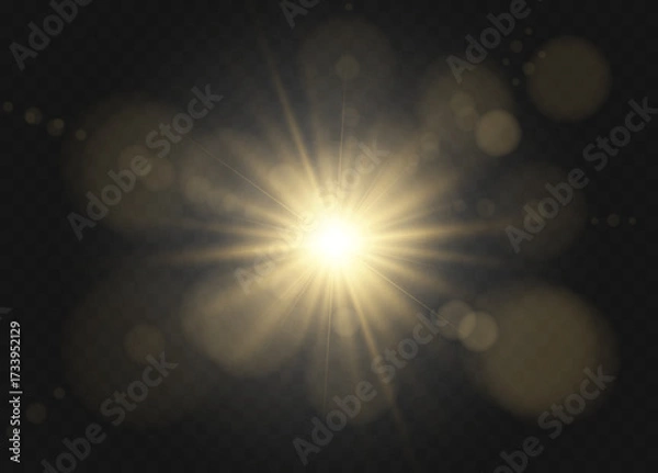 Fototapeta Glowing sunburst light effect. Soft golden flare with radial blur. Bright sunlight halo on white background.	
