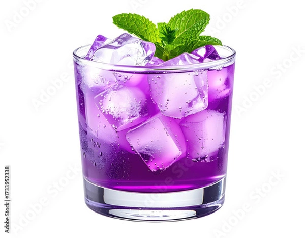 Fototapeta A vibrant purple cocktail with ice cubes and mint garnish in a clear glass