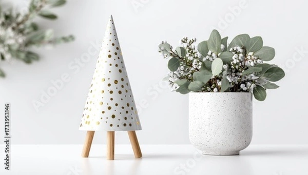 Fototapeta A decorative, cone-shaped Christmas tree ornament, featuring a white background with gold polka dots, sits beside a potted arrangement of soft gray-green eucalyptus branches and small white blossoms