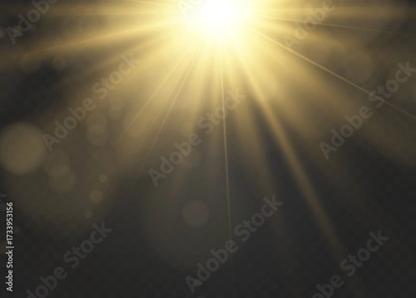 Fototapeta Glowing sunburst light effect. Soft golden flare with radial blur. Bright sunlight halo on white background.	
