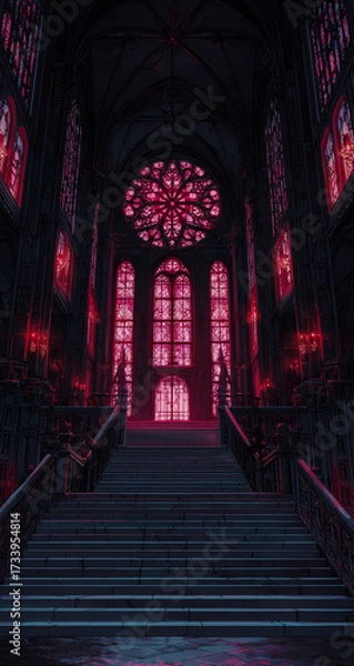 Fototapeta Dramatic view down a grand staircase towards a large rose window illuminated by red light
