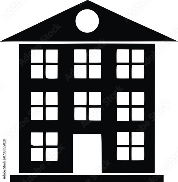 Fototapeta Simple black and white icon of a multi-story building with attic window great for educational or residential themes