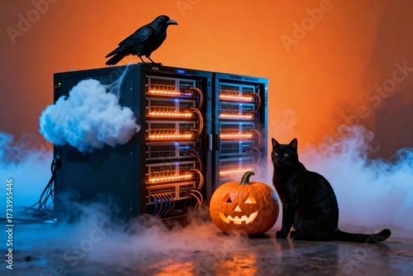 Obraz Spooky Halloween Server Rack Cloud Computing Data Center with Black Cat and Crow