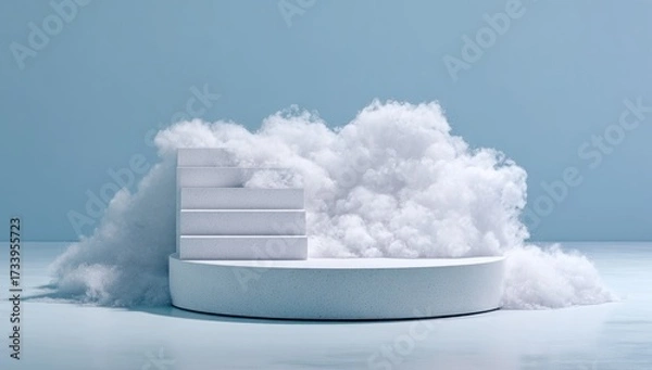 Fototapeta A minimalist, light-gray display podium, featuring a stairway, is encompassed by a fluffy, white cloud-like material against a pastel blue backdrop.