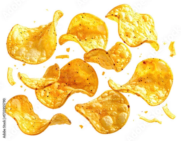 Fototapeta Golden, seasoned potato chips scattered across a transparent background