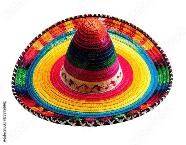 Fototapeta A colorful, wide-brimmed, traditional straw hat, brightly lit, with bold bands