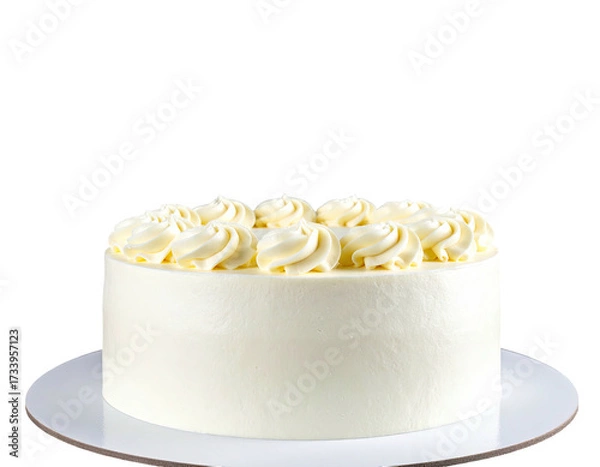 Fototapeta Creamy, round cake on a white surface, adorned with swirls, against black