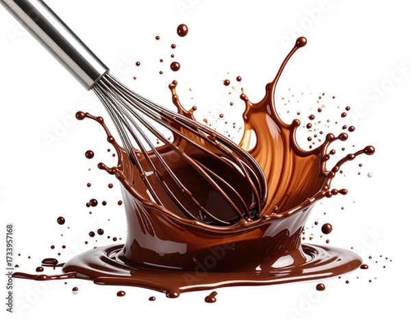 Fototapeta A whisk stirs rich chocolate, creating a splash against a black background