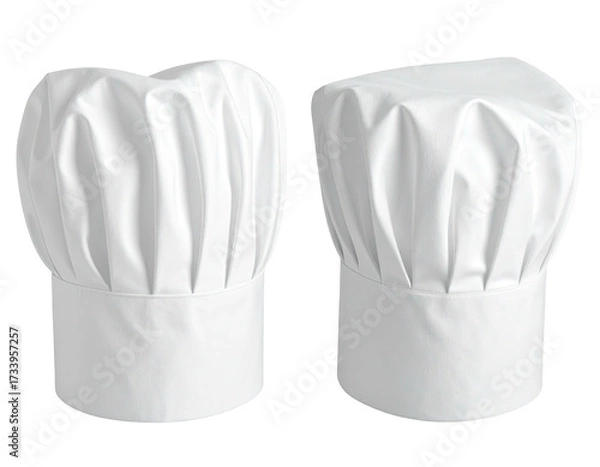 Fototapeta Two crisp, white, folded chef's hats, side-by-side, against a transparent backdrop