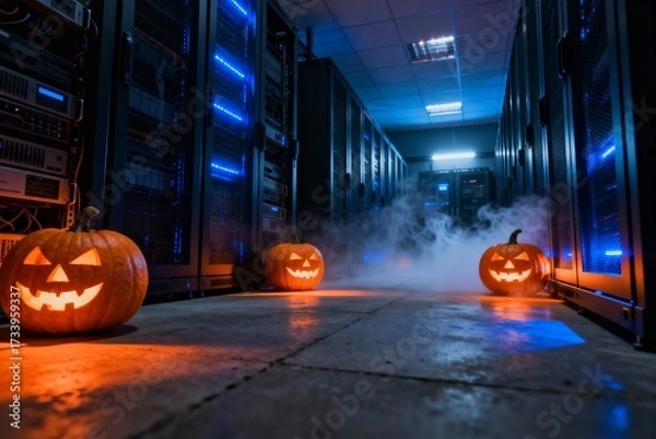 Obraz Spooky Server Room Halloween Data Center with Glowing Jack O Lanterns for IT Security Ads