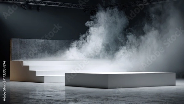 Fototapeta A modern, minimalist presentation platform, bathed in muted light and dramatic smoke, features a series of steps and a large square podium.