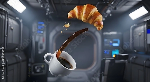 Fototapeta In a zero-gravity scene, a coffee cup pours a stream of liquid upwards towards a suspended croissant.

