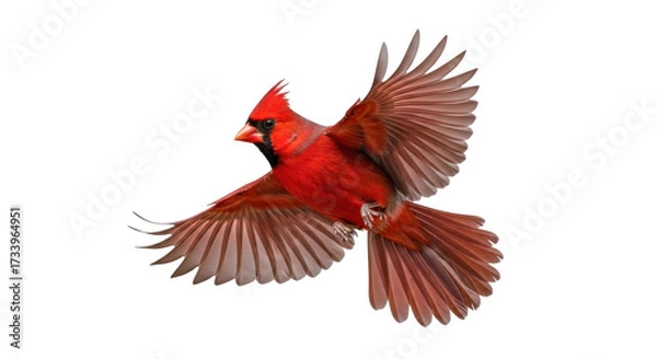 Obraz Isolated Northern Cardinal soars, wings spread, vibrant red male bird in flight, wildlife