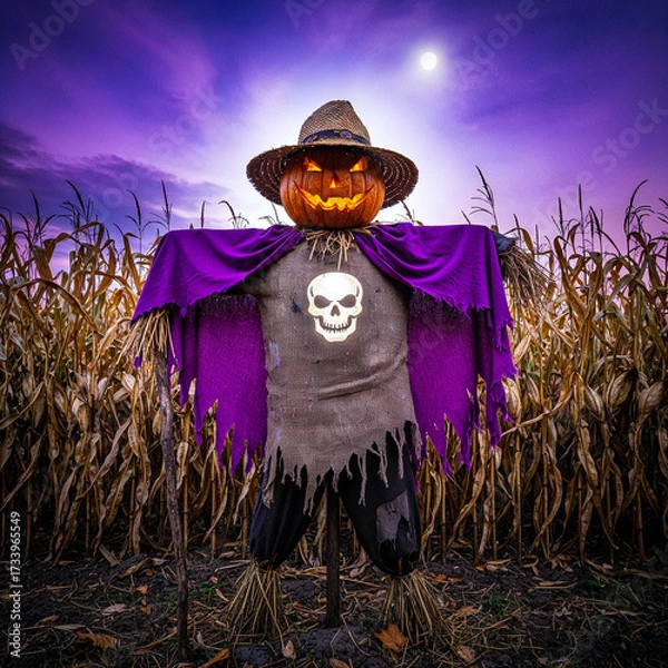 Fototapeta Spooky Scarecrow with Pumpkin Head in a Cornfield at Dusk