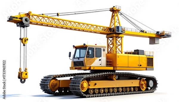 Fototapeta Heavy-Duty Crane at Construction: a towering yellow crane, symbol of progress, stands poised, ready to lift heavy loads. Its intricate mechanical design, against a simplified background.