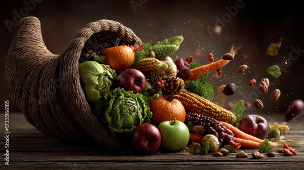 Fototapeta Bountiful cornucopia overflows with vibrant fruits and vegetables including apples, pumpkins, and corn, symbolizing abundance and harvest joy
