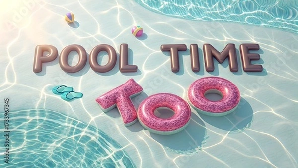 Fototapeta Pool time too with beach balls and sandals in the water on a sunny day perfect for summer fun