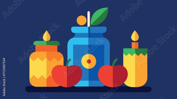 Fototapeta Honey jar with apples and pomegranate illustration