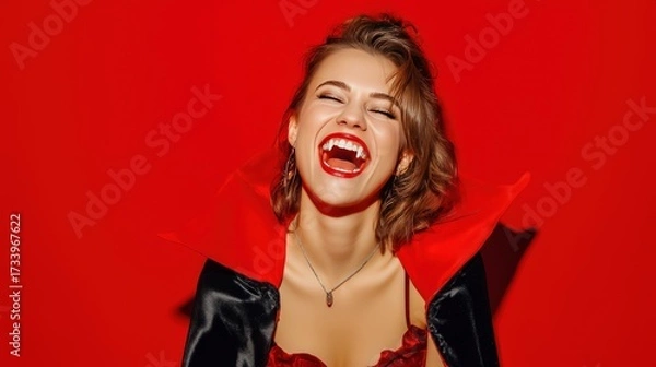 Fototapeta Vampire Halloween woman portrait on red background. Beautiful sexy model girl in Halloween costume and make up