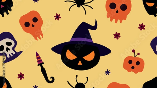 Fototapeta Creepy skull halloween pattern icons set