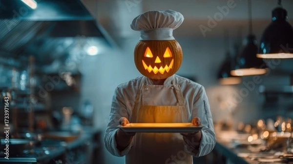 Fototapeta A spooky chef with a jack-o'-lantern head holds a tray in a restaurant kitchen.