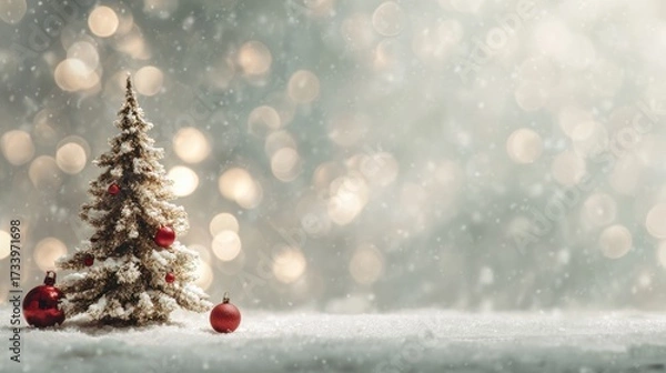 Fototapeta Christmas tree with red ornaments in a snowy winter scene