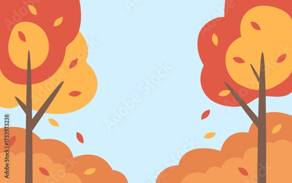 Fototapeta Autumn landscape with colorful trees and falling leaves. Flat design fall season vector illustration with copy space for background