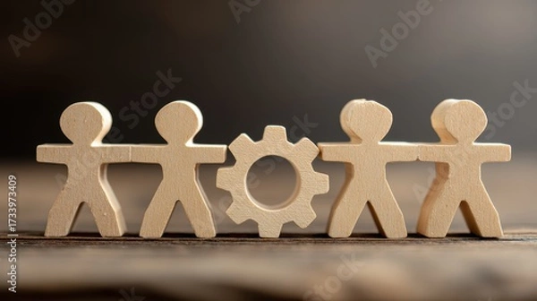 Fototapeta Teamwork and collaboration concept with wooden figures and a gear.