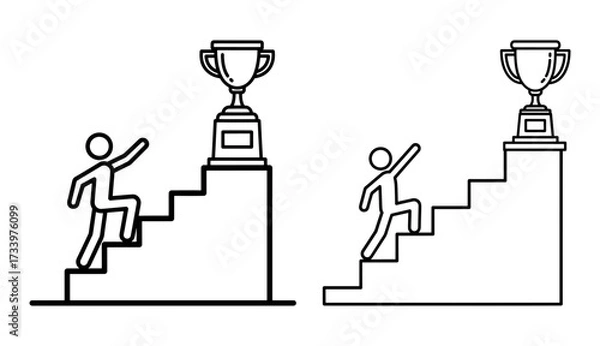 Fototapeta Vector art of stick figure climbing stairs to success, reaching the goal and winning the trophy