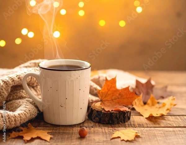 Fototapeta Steaming hot drink in white mug with fall leaves and bokeh lights